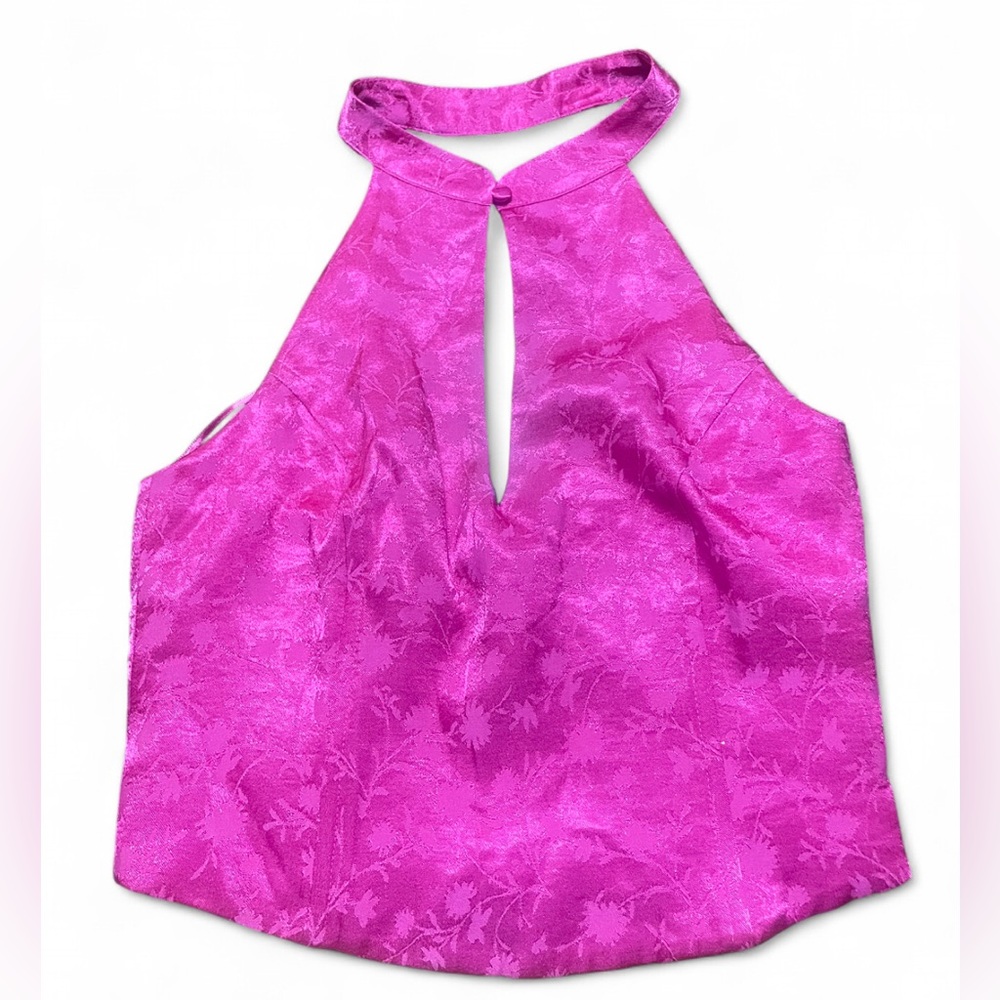 ZARA Jacquard Halter Corset Cropped Keyhole Top Button Side Zip Hot Pink Size M